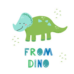 Fototapeta premium Cute dinosaur for kids, baby t-shirt, greeting card design. Funny little dino of hand drawn style. Vector illustration of dinosaur isolated on background.