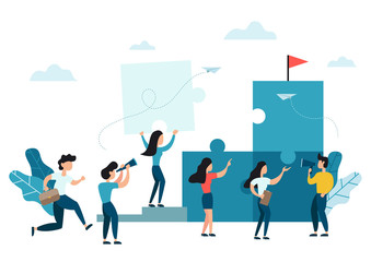 Business concept of teamwork, cooperation, partnership. Team metaphor, people connecting puzzle elements. Vector illustration flat design style.