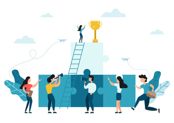 Business concept. Team metaphor. People working on their role with business woman cheering up by big gold trophy on the puzzle elements. Symbol of succes of teamwork, cooperation and partnership.