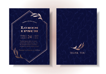 Dark blue wedding invitation card design There are marble patterns on the back. The front is hexagon shape, decorated with border and rose gold leaf. Luxury, elegant concept. Illustration/Vector