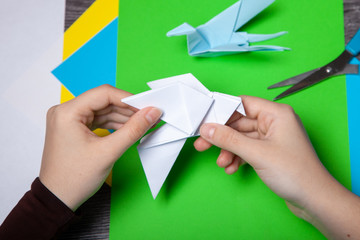 teenager hands make origami bird figure