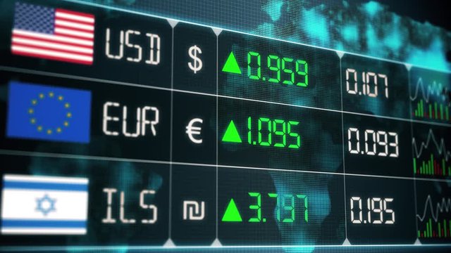 Evolution of currencies in the world market with up and downs of Israeli new shekel, Euro, US dollar. Currency market with green and red digital animation of prices in financial and ecomonic crisis