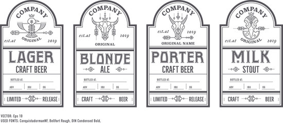 Beer bottle labels with vintage retro design, black on white. Home brewing