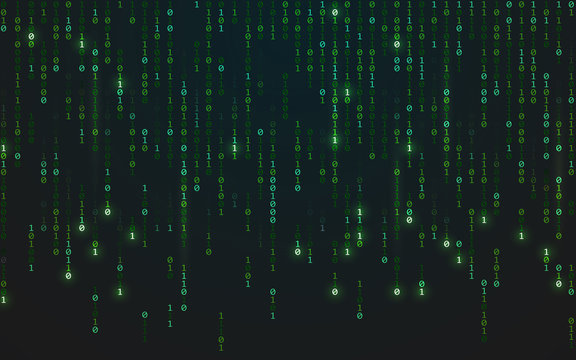 Binary matrix background. Falling random numbers on dark backdrop. Running bright code. Futuristic data concept. Abstract green digits. Vector illustration