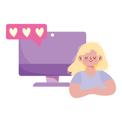 people communication and technology, young woman computer love romantic sms