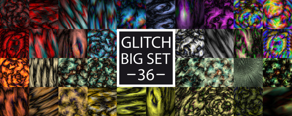 Glitch set. 36 glitch abstract background. Alien glow texture or Space, alien planet pattern. Colorful big set of different glitches. Vector Illustration