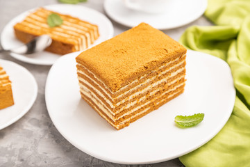 Homemade honey cake with milk cream and mint with cup of coffee on a gray concrete background. Side view, selective focus.