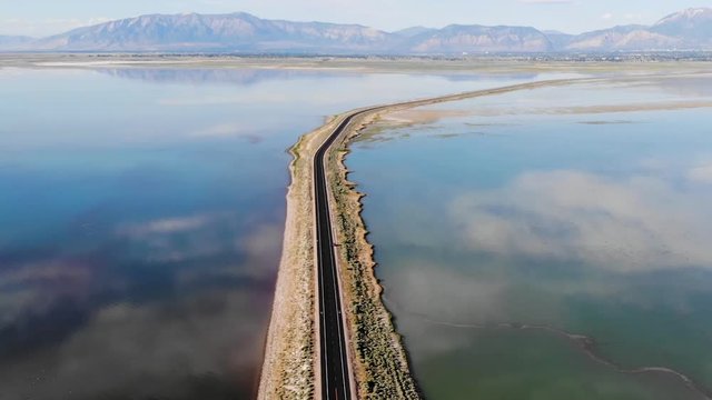 Aerial view of the Antelope Island Rd at the Great Salt Lake, Utah, USA
