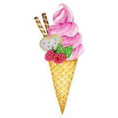 Raspberry ice-cream in waffle cone decorated with chocolate waffles, berries, cookies and candies. Pink Fruit Ice Cream Watercolor illustration isolated on white background