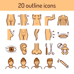 Plastic surgery body and face color line icons set. Anti aging injection, therapy. Isolated vector element. Outline pictograms for web page, mobile app, promo.