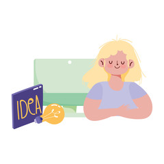 people creativity and technology,girl with computer and light bulb idea