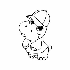 Coloring of Hippopotamus Wears a Hat and Shirt Cartoon, Cute Funny Character, Flat Design