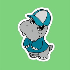 Stickers of Hippopotamus Wears a Blue Hat and Shirt Cartoon, Cute Funny Character, Flat Design