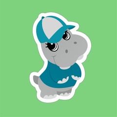 Stickers of Hippopotamus Wears a Blue Hat and Shirt Cartoon, Cute Funny Character, Flat Design