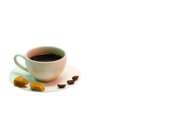 coffee Cup and saucer, pieces of sugar and coffee beans isolated