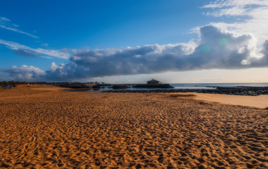 Caleta de Fuste, Antigua, Canary Islands - october 2019: La Guirra beach at sunrise
