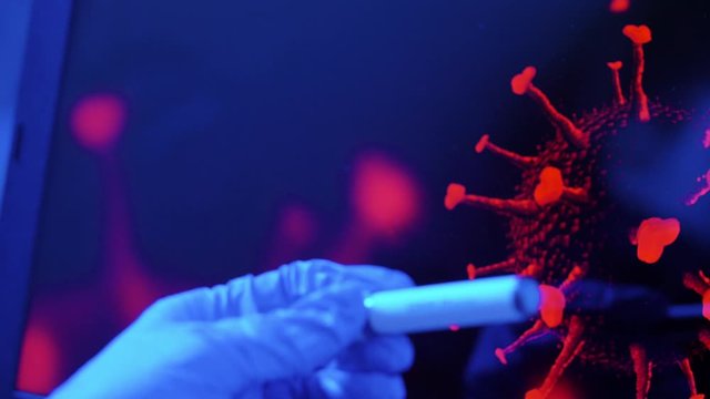 medicine, healthcare and virus concept - close up of hand in protective medical glove holding beaker with covid-19 blood test over coronavirus 3d model on dark background