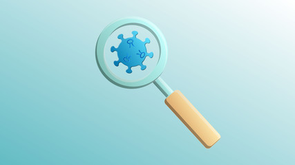 Glass laboratory medical medical magnifier scientific for the diagnosis and research of coronavirus infection disease covid-19 virus molecule on a blue background
