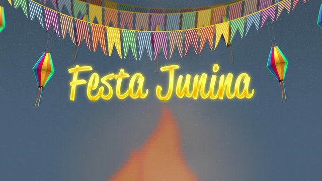 Festa Junina animation. Brazilian Saint John party, at night. Background with multi colored flags, fire pit and balloons on a starry night. Space for text, Junine party written in portuguese.