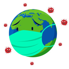 A medical mask protects against the spread of coronavirus covid-19, earth in green medical face mask Concept of coronavirus quarantine vector illustration.