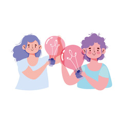 people creativity and technology, girl and boy bulb creativity idea