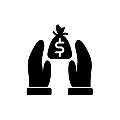 Donation glyph icon design. Caring people illustration design. Gesture hand with money donation sign symbol. Black glyph vector icon.