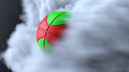 Red-Green Basketball with three stars in brown toned foggy smoke background. 3D sketch design and illustration. 3D high quality rendering.