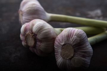 Garlic. Three cut heads of garlic on a dark background