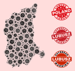 Outbreak composition of virus mosaic Lubusz Voivodeship map and rubber seal stamps. Vector red watermarks with distress rubber texture and Outbreak Warning caption.