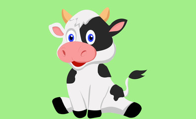 Illustration cow type cartoon on green background.