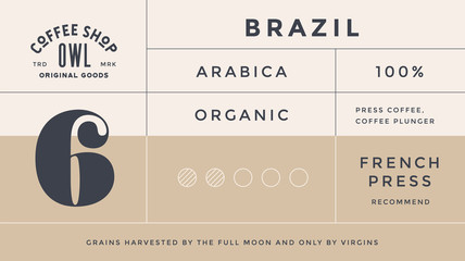 Minimal Label. Typographic modern vintage label, tag, sticker for coffee brand, coffee packing. Retro design minimal label, tag of coffee, classic old school style, typography. Vector Illustration