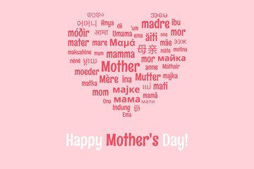 The word mother in different languages of the world, forming a heart shape