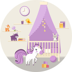 the room baby with toys and unicorn