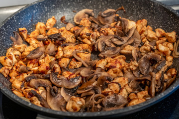 chicken with champignons and onion on a pan