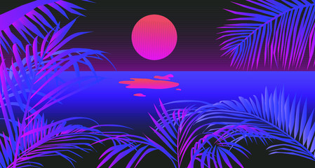 Sunset above the ocean, landscape with coconut palm trees or ferns. Lounge atmosphere on vacations. Vaporwave and retrowave style illustration for print or cover.