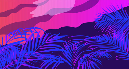 Tropical summer sea landscape with coconut palm trees or ferns. Lounge atmosphere on vacations. Vaporwave and retrowave style illustration for print or cover. - obrazy, fototapety, plakaty