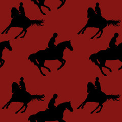 silhouettes of sports horses and riders isolated on a  maroon seamless background, decoration pattern, Equestrian sports, Show jumping