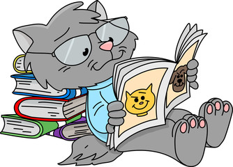 Cartoon cat wearing eye glasses reading a magazine vector illustration