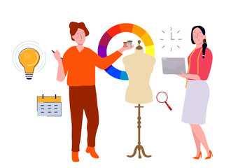 fashion designer giving direction to assistant about design dress clothes flat style vector illustration concept of fashion design choosing color
