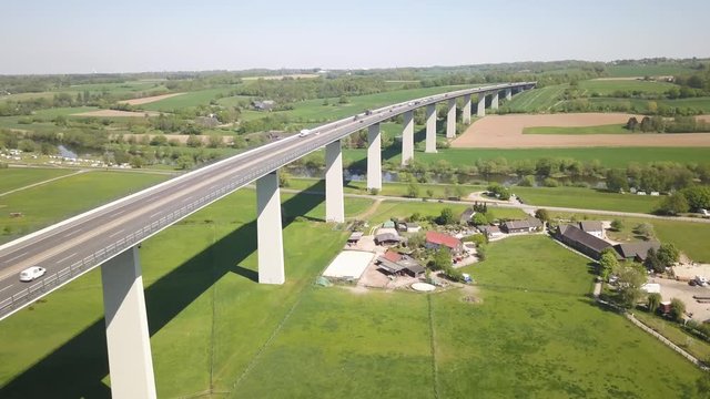 Drone view of german interstate steel bridge "Ruhrtalbrücke" at the A52 in Mülheim, North Rhine-Westphalia, Germany