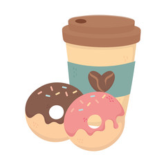 coffee time, takeaway cup and tasty donuts fresh aroma beverage