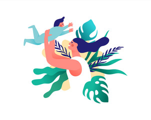 Happy mother playing with baby boy isolated