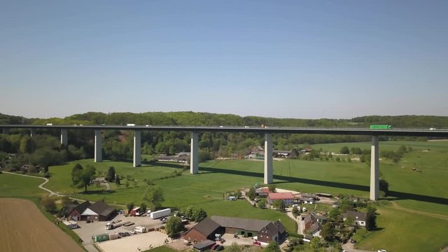 Drone view of german interstate steel bridge "Ruhrtalbr&uuml;cke" at the A52 in M&uuml;lheim, North Rhine-Westphalia, Germany