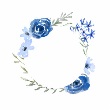 Watercolor blue rose flower circle frame