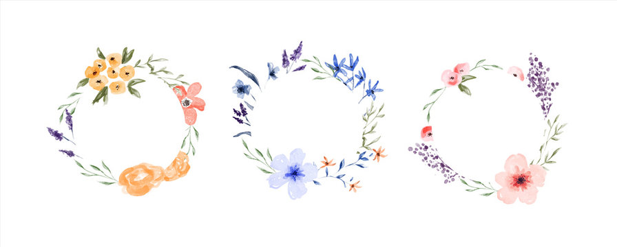 Watercolor spring flower circle frame set