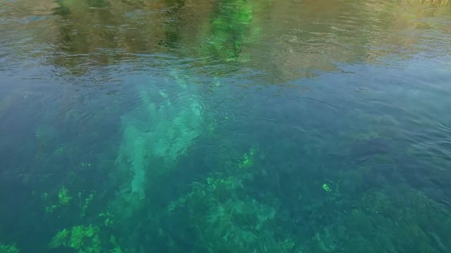 Looking down into the weed and sand of the flowing turquoise and green hypnotic waters of Azmak river in Akyaka, Gokova plain, Mugla, Turkey