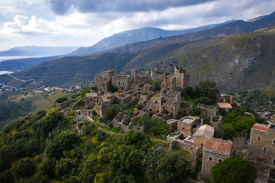 Greece Vatheia village. Architectural and historical old traditional abandoned tower houses in Vathia on Mani Peninsula. Laconia Peloponnese Europe.