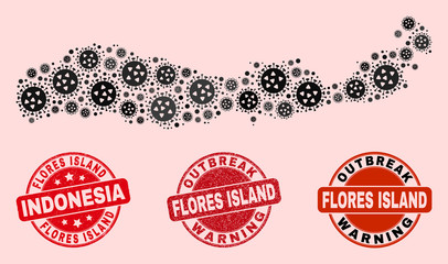 Outbreak composition of covid-2019 mosaic Flores Island of Indonesia map and corroded stamps. Vector red imprints with unclean rubber texture and Outbreak Warning caption.