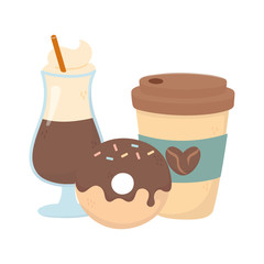 coffee time, latte cup and donut fresh aroma beverage