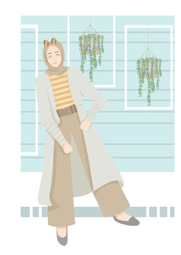 modern female hijab style with background. background wall and plants. flat vector women's hijab. simple background